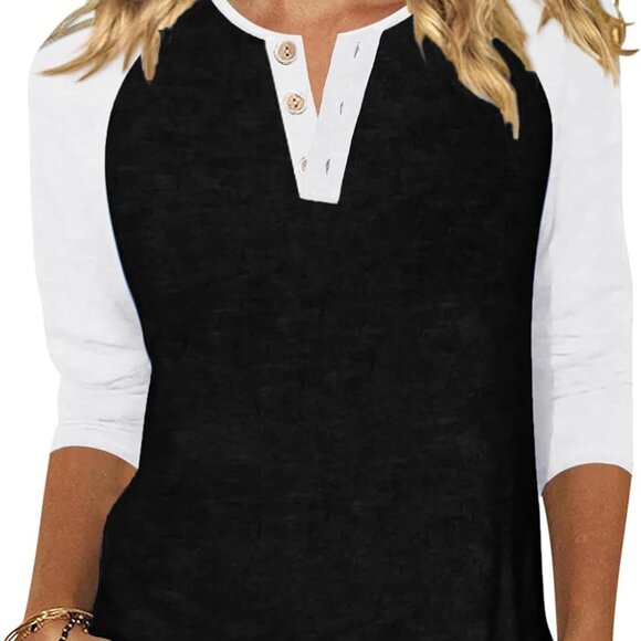 Women's Casual 3/4 Sleeve T Shirts Button V Neck Tunic Blouses Color Block Basic - Picture 1 of 6